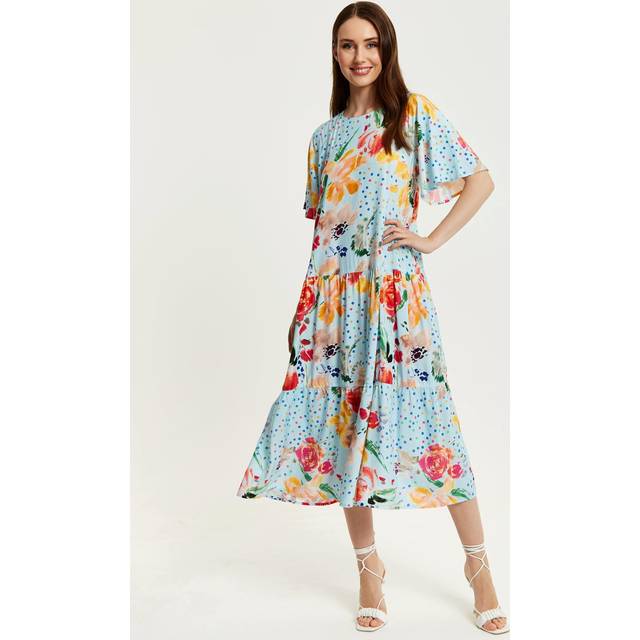 Womens Blue Floral Print Maxi Smock Dress - Multi - 10