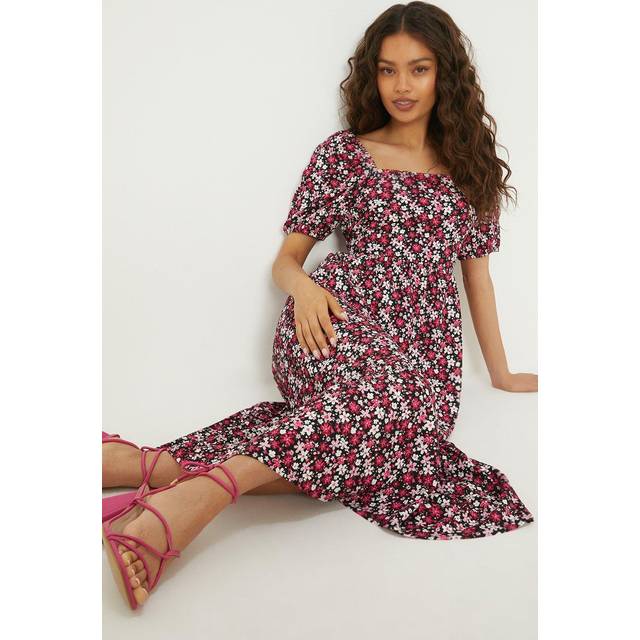 Womens Petite Pink Ditsy Square Neck Tiered Midi Dress - 6