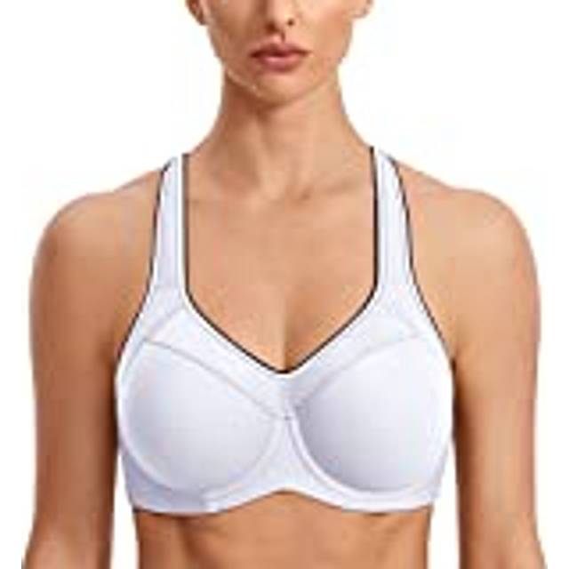 SYROKAN Womens Full Support High Impact Racerback Lightly Lined Underwire Sports Bra White 36B