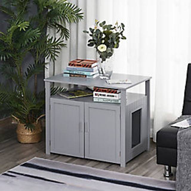 PawHut Wooden Cat Litter Box Enclosure Furniture with Adjustable Interior Wall & Large Tabletop for Nightstand, Grey Aosom UK