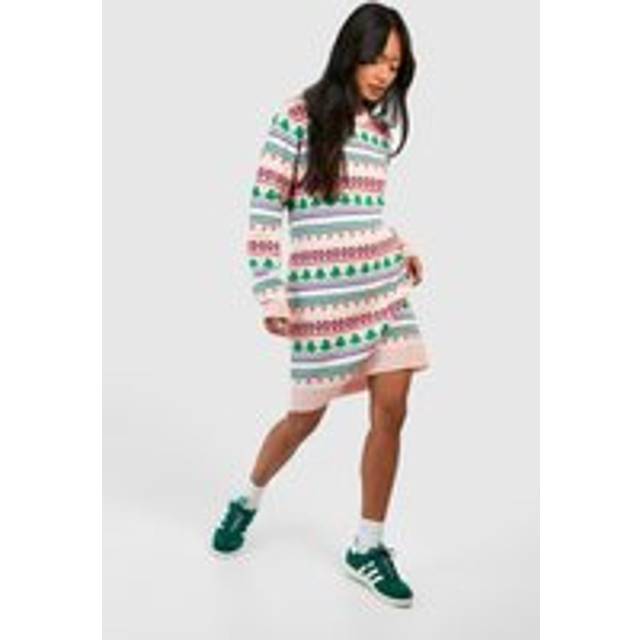 Womens All Over Fairisle Christmas Jumper Dress - Pink - S, Pink