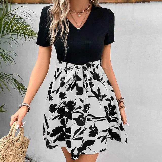 SHEIN Casual Summer Mother Day Outfit, Patchwork Print Gingham Women Dresses,Print Belted Casual Women Dresses, Bottom Short Sleeve Dress& A-Line Dress, Wit