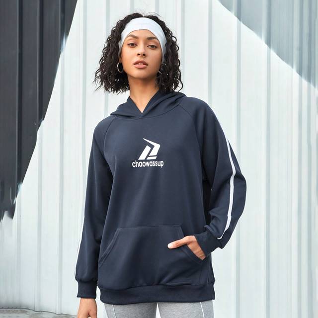 SHEIN Women&#39;S Letter Printed Drawstring Hooded Sports Sweatshirt With Raglan Sleeves