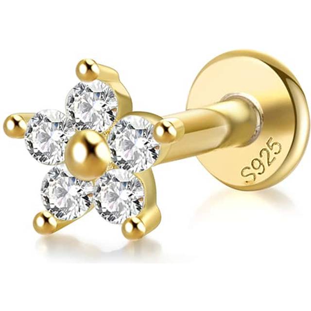 SHEIN 1pc Star Flower 925 Sterling Silver Stud Earrings Flat Back Piercing For Women Cartilage Fine Jewelry Wedding Party Anniversary Valentines