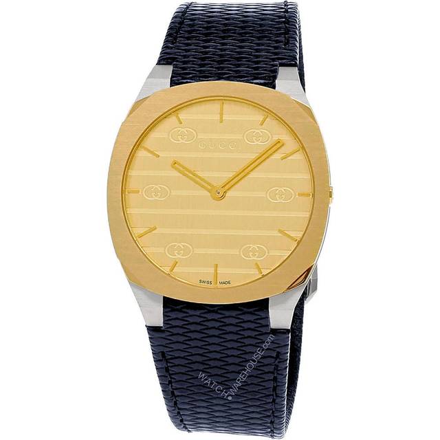 GUCCI 25H 38MM Quartz SS 18K Gold Plated Case Blue LTHR Unisex Watch YA163418 - 38 mm