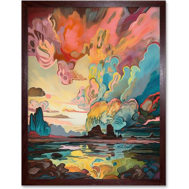 Wall Art Print Van Gogh Inspired Atmospheric Clouds Over Mono Lake at Dawn Modern Watercolour Painting Art Framed - Brown - W12 inch x H16 inch