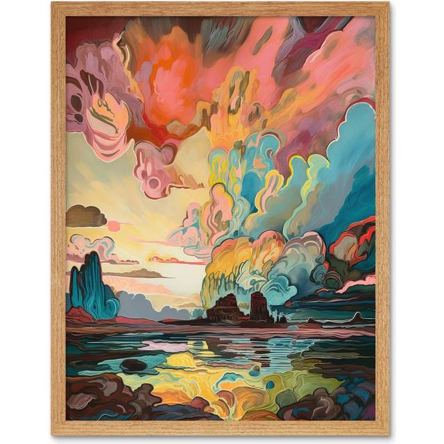 Wall Art Print Van Gogh Inspired Atmospheric Clouds Over Mono Lake at Dawn Modern Watercolour Painting Art Framed - Tan - W12 inch x H16 inch