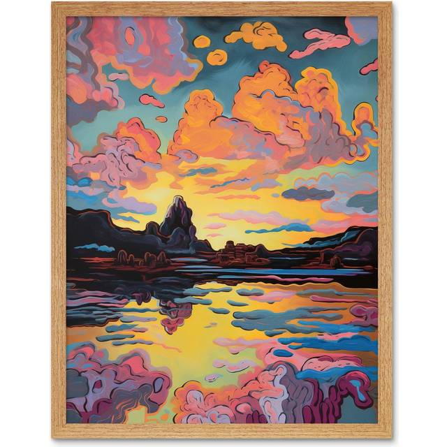 Wall Art Print Vibrant Colour Lakescape Mono Lake Atmospheric Sunset Clouds Modern Watercolour Painting Art Framed - Tan - W12 inch x H16 inch
