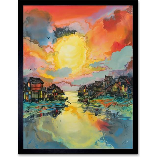 Wall Art Print Atmospheric Clouds Over Mono Lake Fishing Village at Dawn Modern Watercolour Painting Art Framed - Black - W12 inch x H16 inch