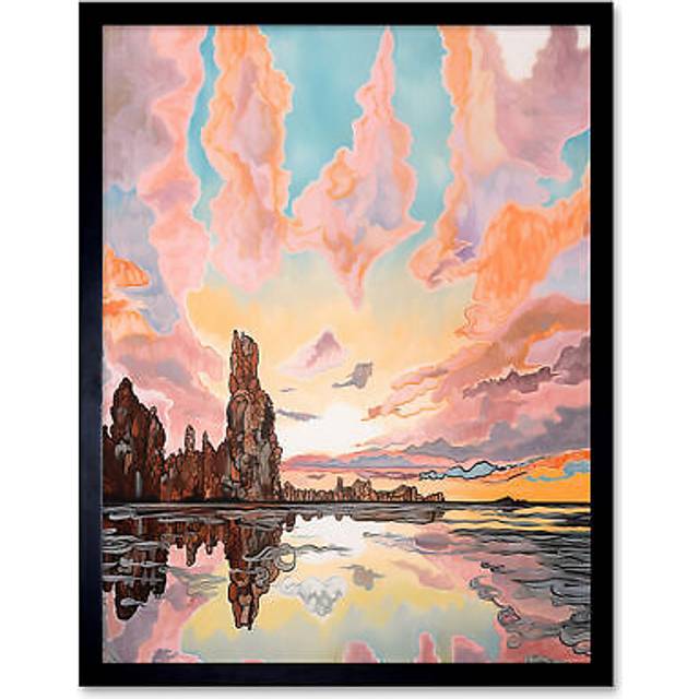 Wall Art Print Atmospheric Cloud Sunrise Reflections Mono Lake Pastel Pink Colour Modern Watercolour Painting Art Framed - Black - W12 inch x H16 inch