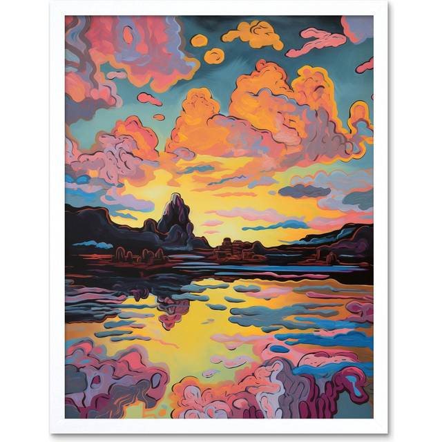 Wall Art Print Vibrant Colour Lakescape Mono Lake Atmospheric Sunset Clouds Modern Watercolour Painting Art Framed - White - W12 inch x H16 inch