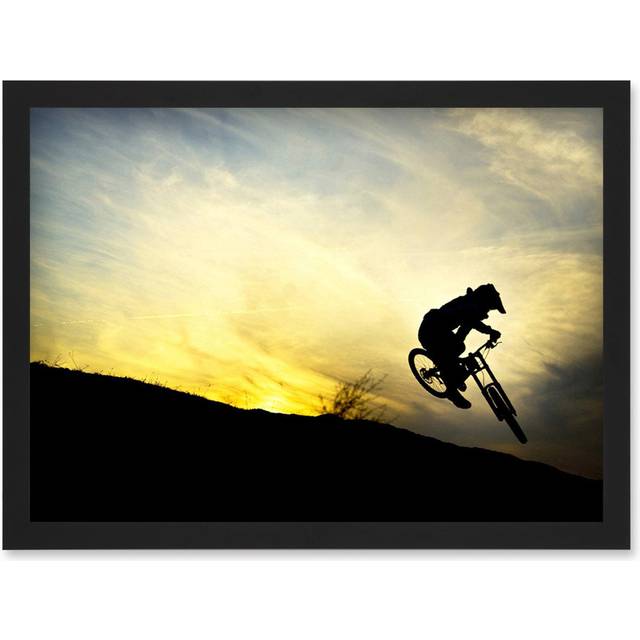 Art Sport MTB Downhill Run Mountain Bike Silhouette Bicycle Sunset Artwork Framed Wall Art Print A4 - Black - A4