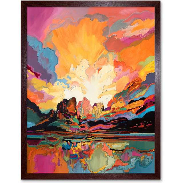 Wall Art Print Atmospheric Sunset Clouds Vibrant Colour Lakescape Modern Watercolour Painting Art Framed - Brown - W12 inch x H16 inch