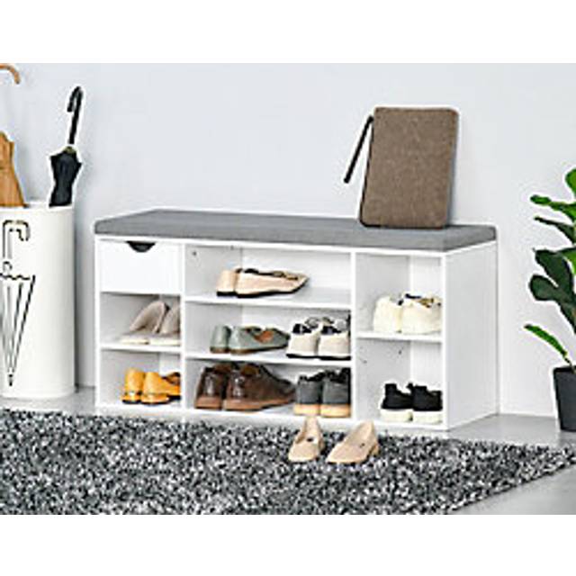 HOMCOM Shoe Storage Bench with Cushion, 7 Compartments, Adjustable Shelves, Drawer, White and Grey Aosom UK