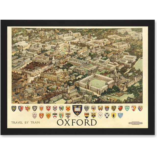 Travel Train Oxford England British Railways Crest Coat Of Arms Heraldry UK Artwork Framed Wall Art Print A4 - Black - One Size