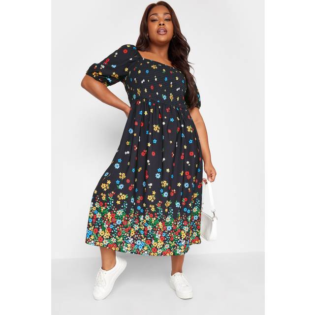 Yours Curve Black Floral Border Print Shirred Midi Dress, Women's Curve & Plus Size, Yours - 38-40