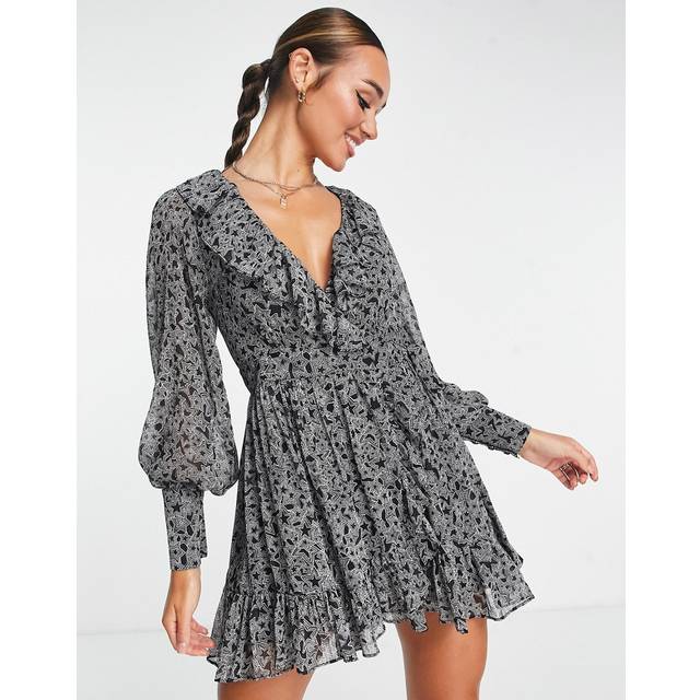 Topshop Topshop Star Ruffle Wrap Mini Tea Dress In Mono Woman Mini dress Black Size 8 Polyester