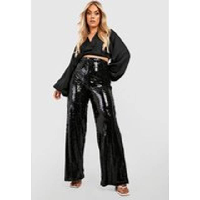 Womens Plus Sequin Wide Leg Trousers - Black - 28