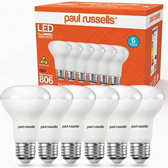 paul russells Warm White E27 Spotlight 8.5W LED Reflector R63 Light Edison Screw 60w Equivalent Bulb 806 Lumen 2700K Frosted 120 Beam Angle ES