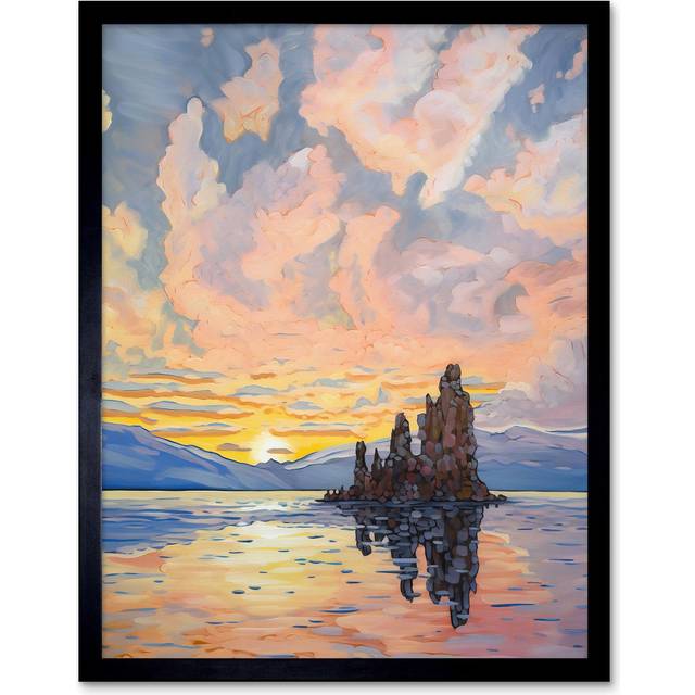 Wall Art Print Sunrise Atmospheric Clouds Over Mono Lake Mountain Lakeside Landscape Modern Watercolour Painting Art Framed - Black - W12 inch x H16 i - W12 inch x H16 inch