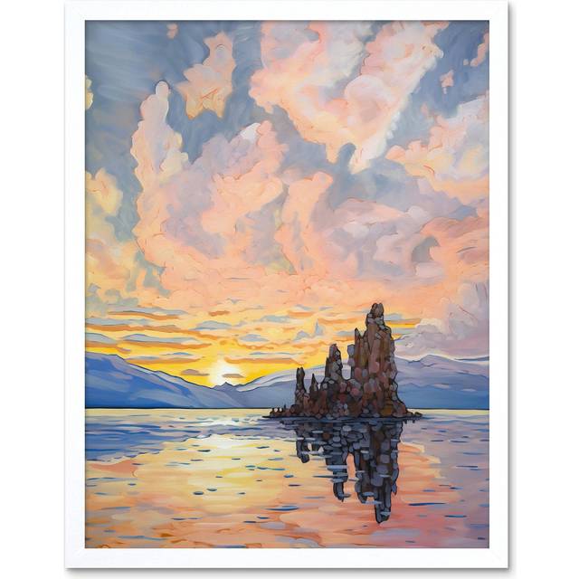 Wall Art Print Sunrise Atmospheric Clouds Over Mono Lake Mountain Lakeside Landscape Modern Watercolour Painting Art Framed - White - W12 inch x H16 i - W12 inch x H16 inch