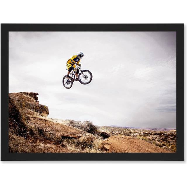 Sport Mountain Bike Jump Sky Big Air Off Road Artwork Framed Wall Art Print A4 - Black - One Size