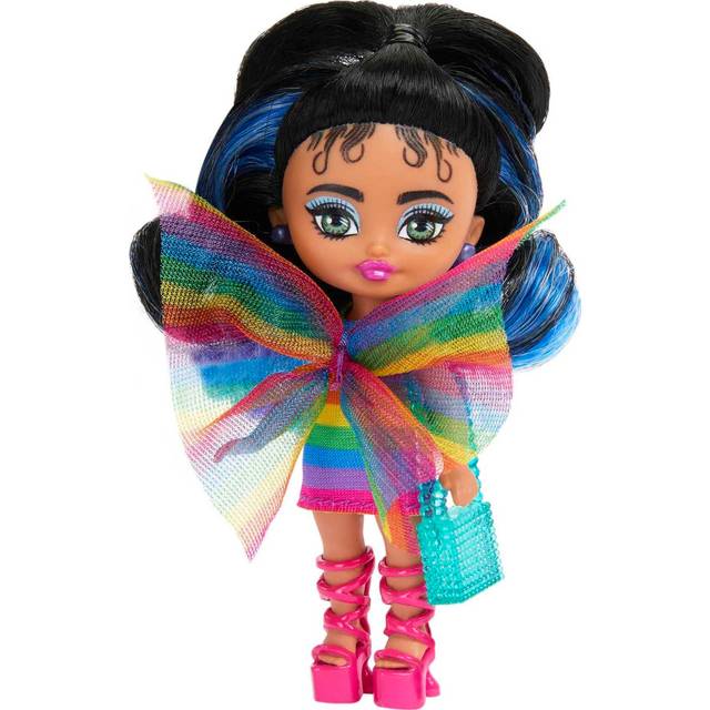 Extra Mini Minis with Blue-Streaked Black Ponytail Wearing Rainbow Dress & Accessories & Stand, 3.25-Inch, HPJ09