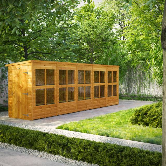 Powersheds Pent Roof Single Door Potting Shed 20ft x 4ft, Golden Brown Timber