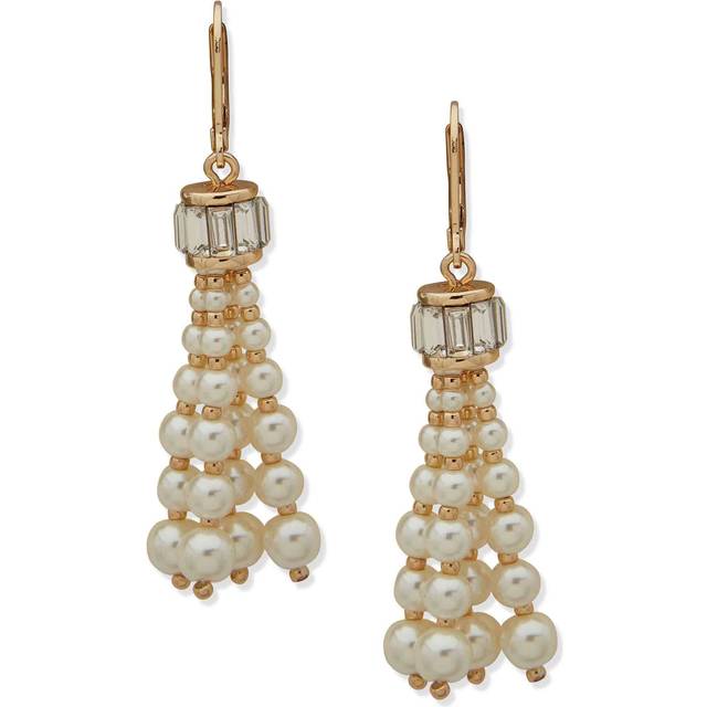 Anne Klein Women's Faux Pearl & Stone Baguette Tassel Drop Earrings in Gold Tone size 2.4"