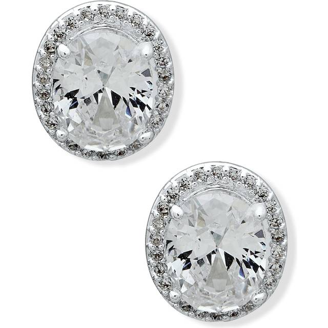 Anne Klein Women's Oval Halo Button CZ Pierced Earrings in Silver Tone