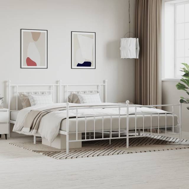 Sängram med huvudgavel och fotgavel vit metall 200x200 cm