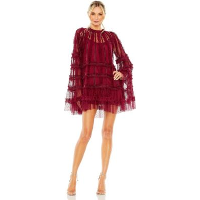 Mac Duggal High-Neck Ruffle Bell Sleeve Trapeze Dress