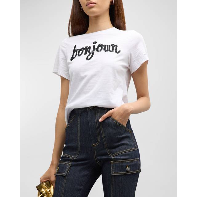 Bonjour Fringe Embroidered Shrunken T-Shirt - WHITEBLACK - Large