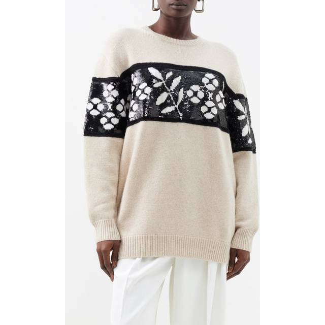 Max Mara Womens Beige Faggi Sequin-embellished Wool and Cashmere-blend Jumper L - BEIGE