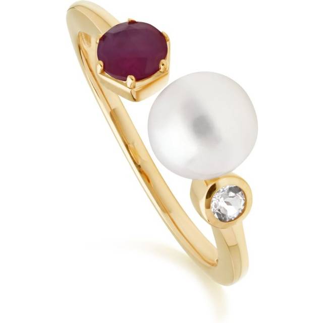 (P) Modern Pearl, Ruby & Topaz Open Ring in Gold Plated Sterling Silver