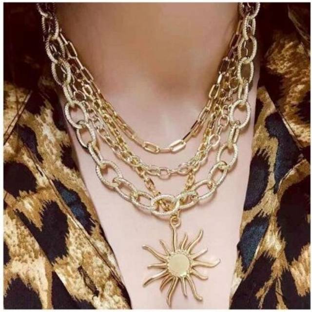 Jouval Boho Multilayer Gold Chunky Chain Punk Choker Big Sun Flower Pendant Necklace For Women Vintage Hip Hop Fashion Jewelry - Multicoloured