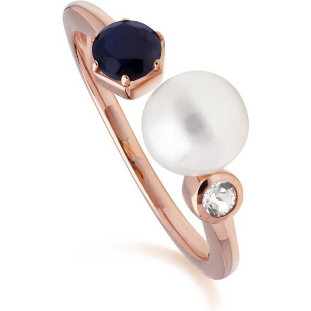 (L) Modern Pearl, Sapphire & Topaz Open Ring in Rose Gold Plated Sterling Silver