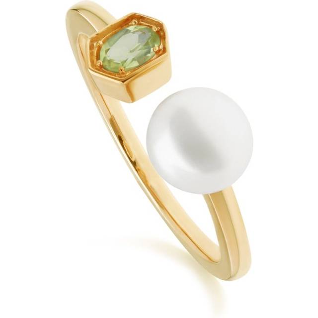 (N) Modern Pearl & Peridot Open Ring in Gold Plated Sterling Silver - White