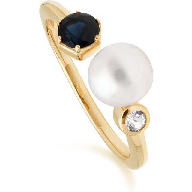 (L) Modern Pearl, Sapphire & Topaz Open Ring in Gold Plated Sterling Silver