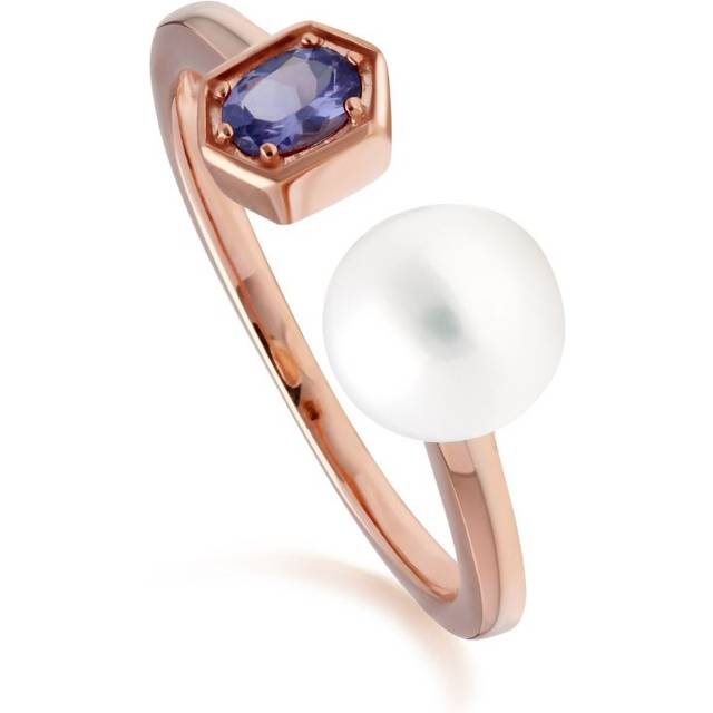 (N) Modern Pearl & Tanzanite Open Ring in Rose Gold Plated Sterling Silver - White