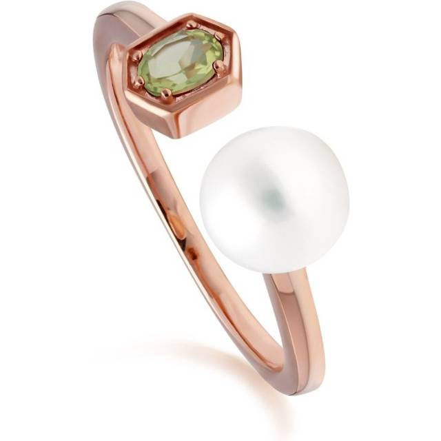 (L) Modern Pearl & Peridot Open Ring in Rose Gold Plated Sterling Silver - White
