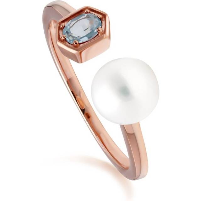 (L) Modern Pearl & Blue Topaz Open Ring in Rose Gold Plated Sterling Silver - White
