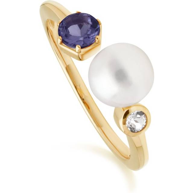 (P) Modern Pearl, Tanzanite & Topaz Open Ring in Gold Plated Sterling Silver - White