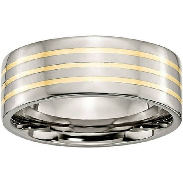 Chisel TB227-10 8 mm Titanium & 14K Yellow Gold Inlay Flat Polished Band - Size 10, 4.70 g