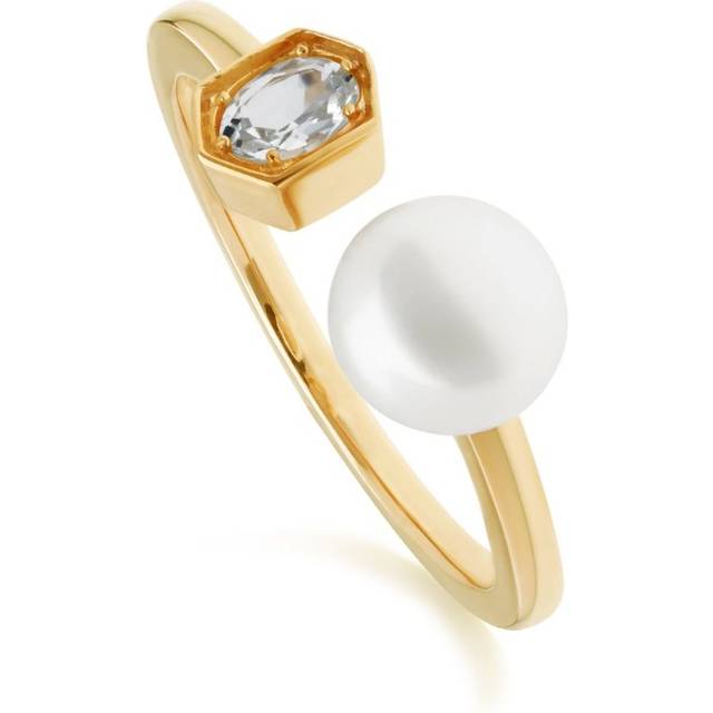 (N) Modern Pearl & Aquamarine Open Ring in Gold Plated Sterling Silver - White