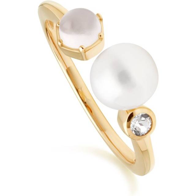 Modern Pearl, Moonstone & White Topaz Open Ring in Gold Plated Sterling Silver - N