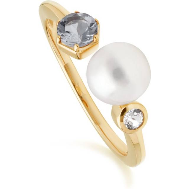 (P) Modern Pearl, Aquamarine & Topaz Open Ring in Gold Plated Sterling Silver - White