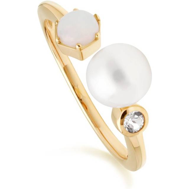 (P) Modern Pearl, Opal & White Topaz Open Ring in Gold Plated Sterling Silver