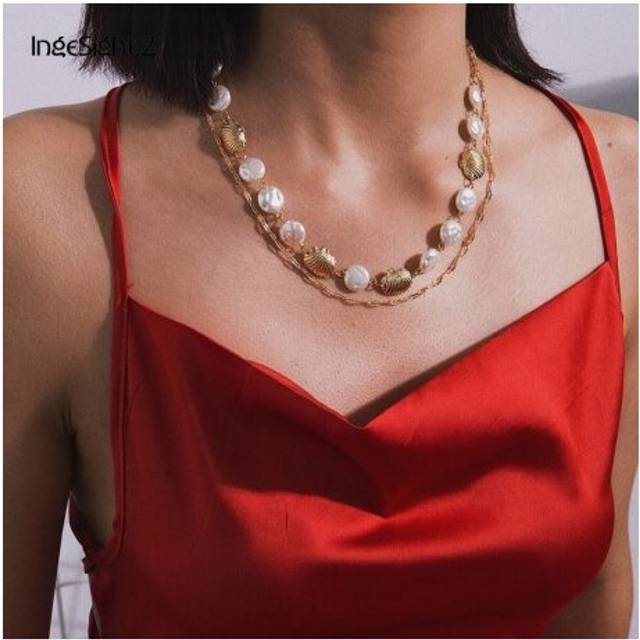 IngeSight.Z Boho Multi Layer Imitation Pearl Choker Necklace Collar Statement Shell Scallop Long Chain Necklace Women Jewelry