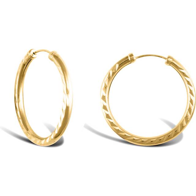 Jewelco London Ladies 9ct Yellow Gold Diamond Cut Capped Sleeper 2.5mm Hoop Earrings 25mm - JER744C